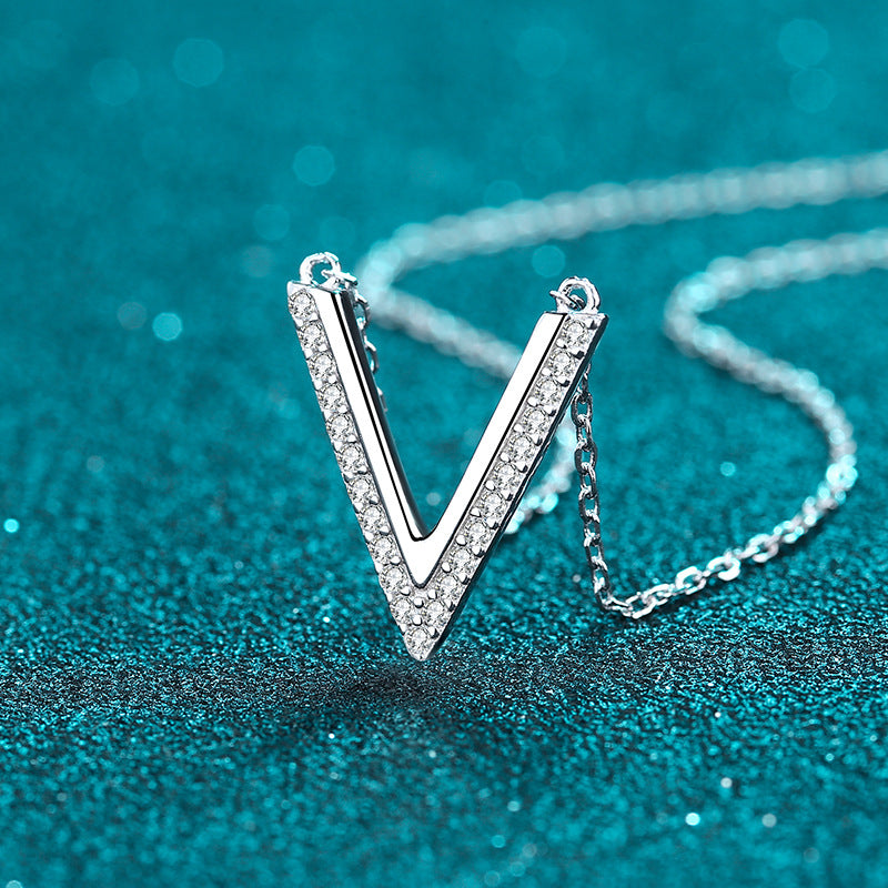 0.2ct Moissanite Pendant Necklace Letter V Necklace Sterling Silver Necklace