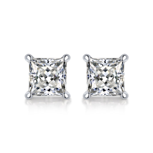 Moissanite Stud Earrings, 1.0ct DF Color Brilliant princess Cut Lab Created Diamond Earrings 18K White Gold Plated Silver Friction Back for Women