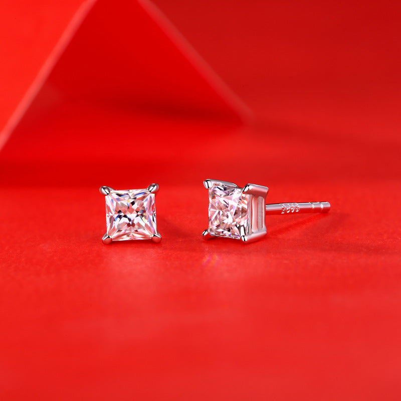 Moissanite Stud Earrings, 1.0ct DF Color Brilliant princess Cut Lab Created Diamond Earrings 18K White Gold Plated Silver Friction Back for Women